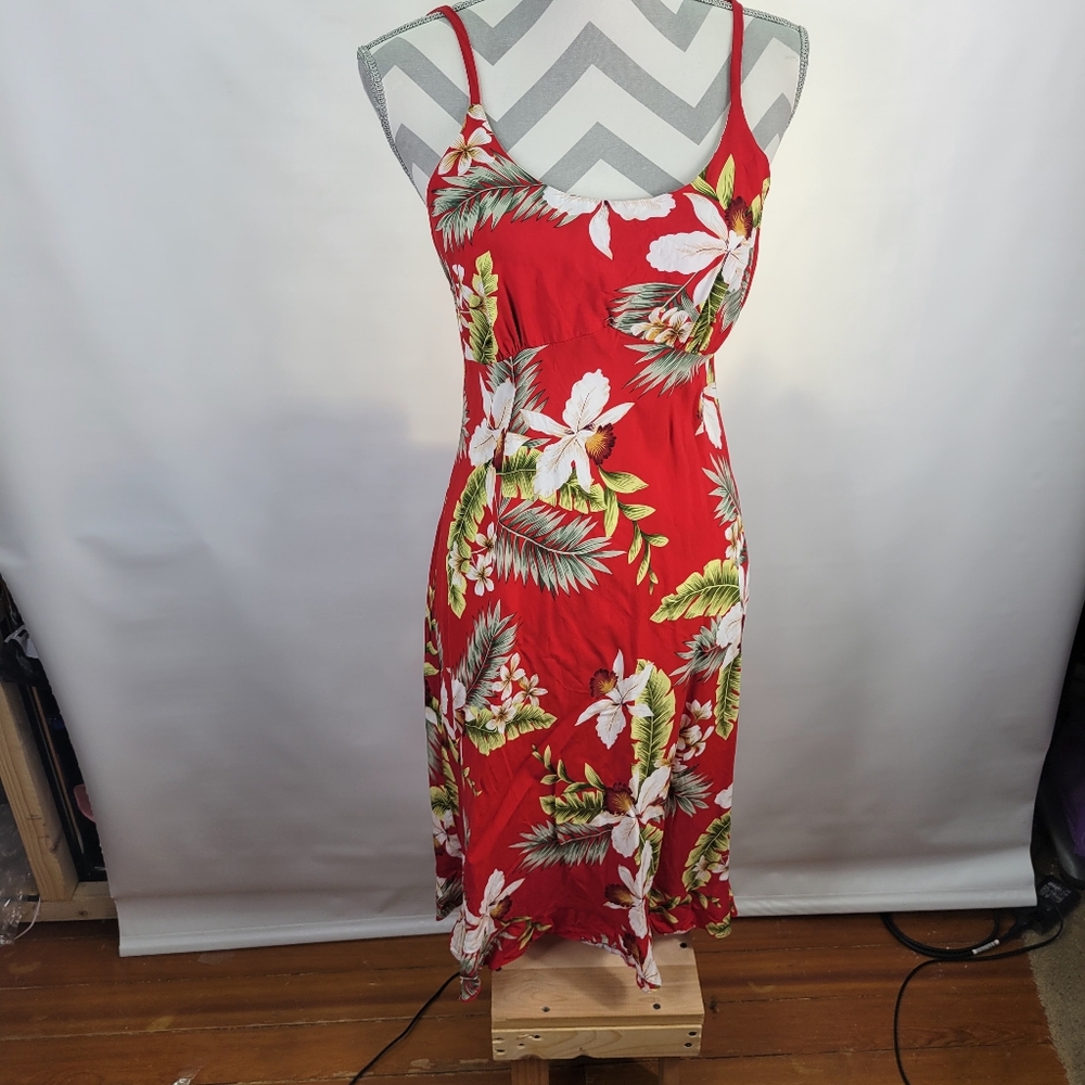 Two Palms Spaghetti Strap Mid Length Dress Orchid Red Made in Hawaii Size Medium